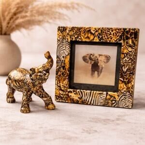 Vintage La Vie Style Safari Elephant Figurine & Jungle Frame Décor Set